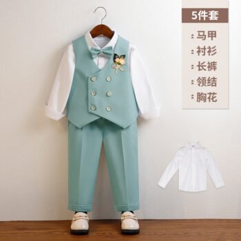 Kids Mint Green Party Suit (Shirt+Pant+Tie+Bruch+koti)